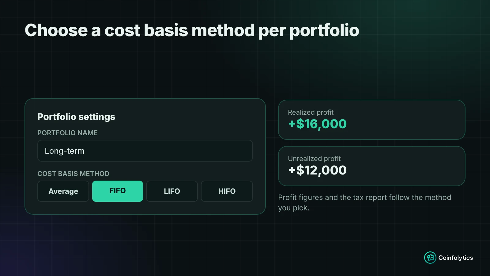 Choosing a cost basis method (average cost, FIFO, LIFO or HIFO) for a portfolio in Coinfolytics