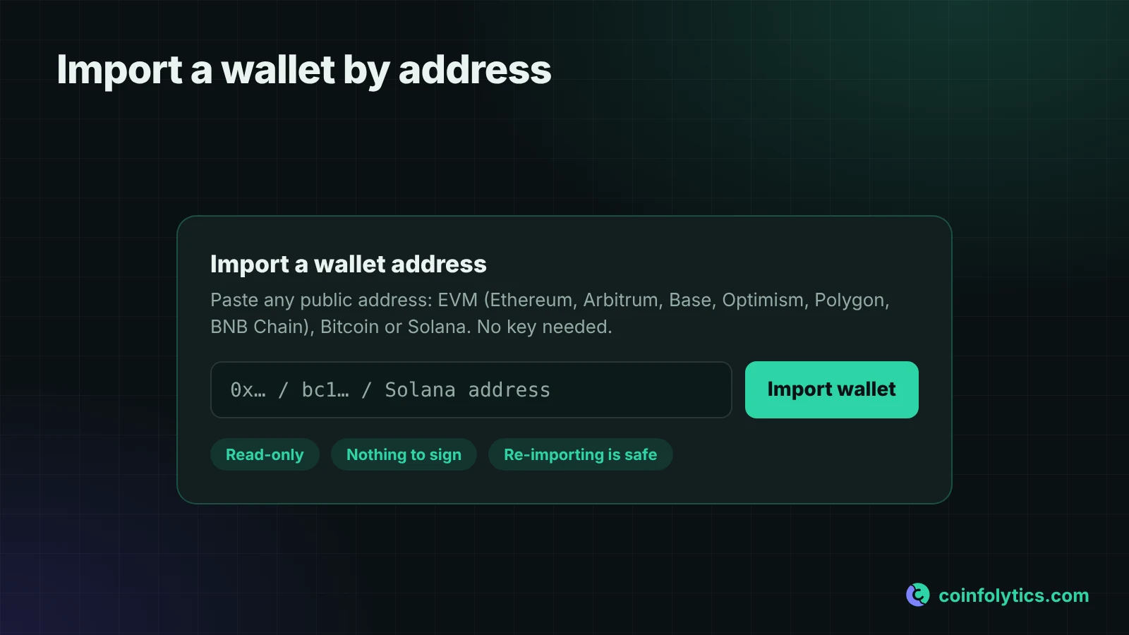 The Coinfolytics import window with a single box for pasting an EVM, Bitcoin or Solana wallet address