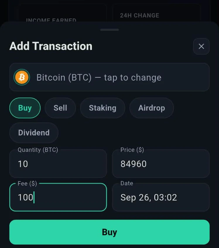Adding a Bitcoin buy in Coinfolytics on a phone