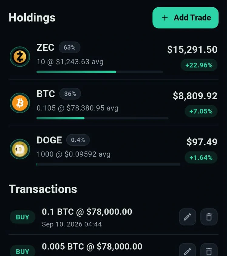 Holdings and transactions in Coinfolytics on a phone